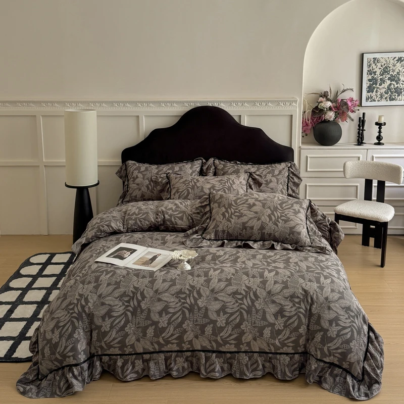 新款加厚法式复古亚麻人心床单四件套家用保暖床品套件四季款日本