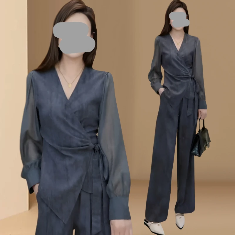 夏季新款女装套装高腰显瘦休闲慵懒风上衣阔腿裤盐系轻熟两件套装