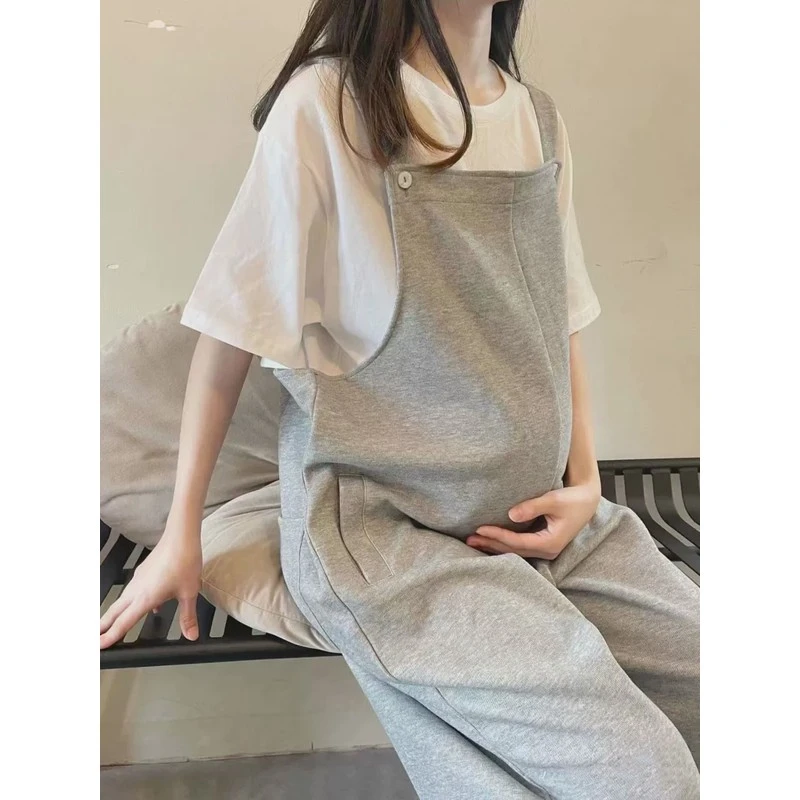 孕妇灰色背带裤女春夏宽松休闲小个子束脚哈伦萝卜裤连体裤两件套