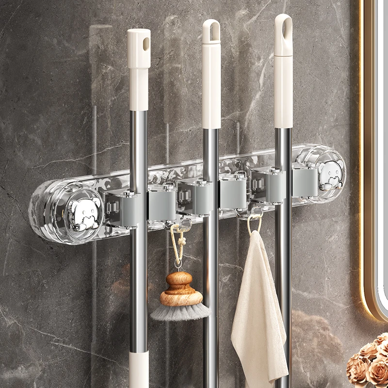 小熊吸盘联排拖把夹家用拖把挂钩挂架免打孔壁挂卫生间拖布收纳架