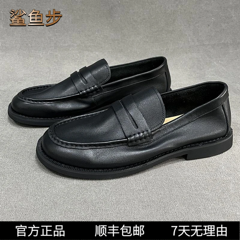 鲨鱼步皮鞋男英伦夏季透气乐福鞋软底百搭黑色商务一脚蹬真皮男鞋