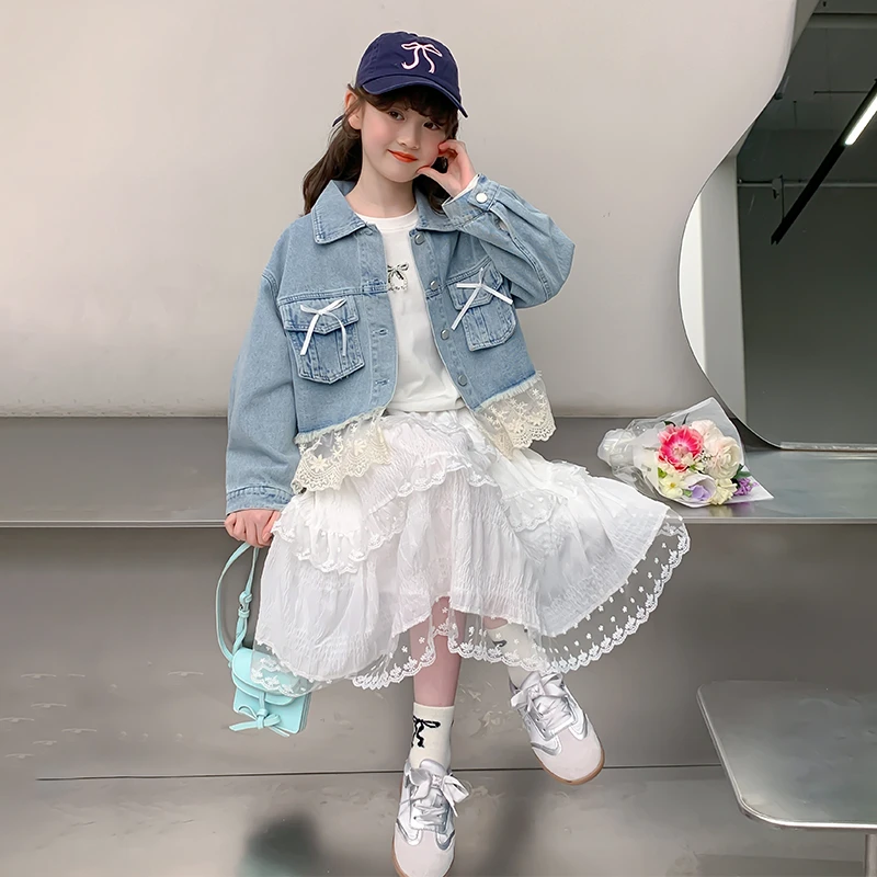 女童牛仔套装春秋装潮女孩中大童蝴蝶结牛仔外套儿童花边裙两件套