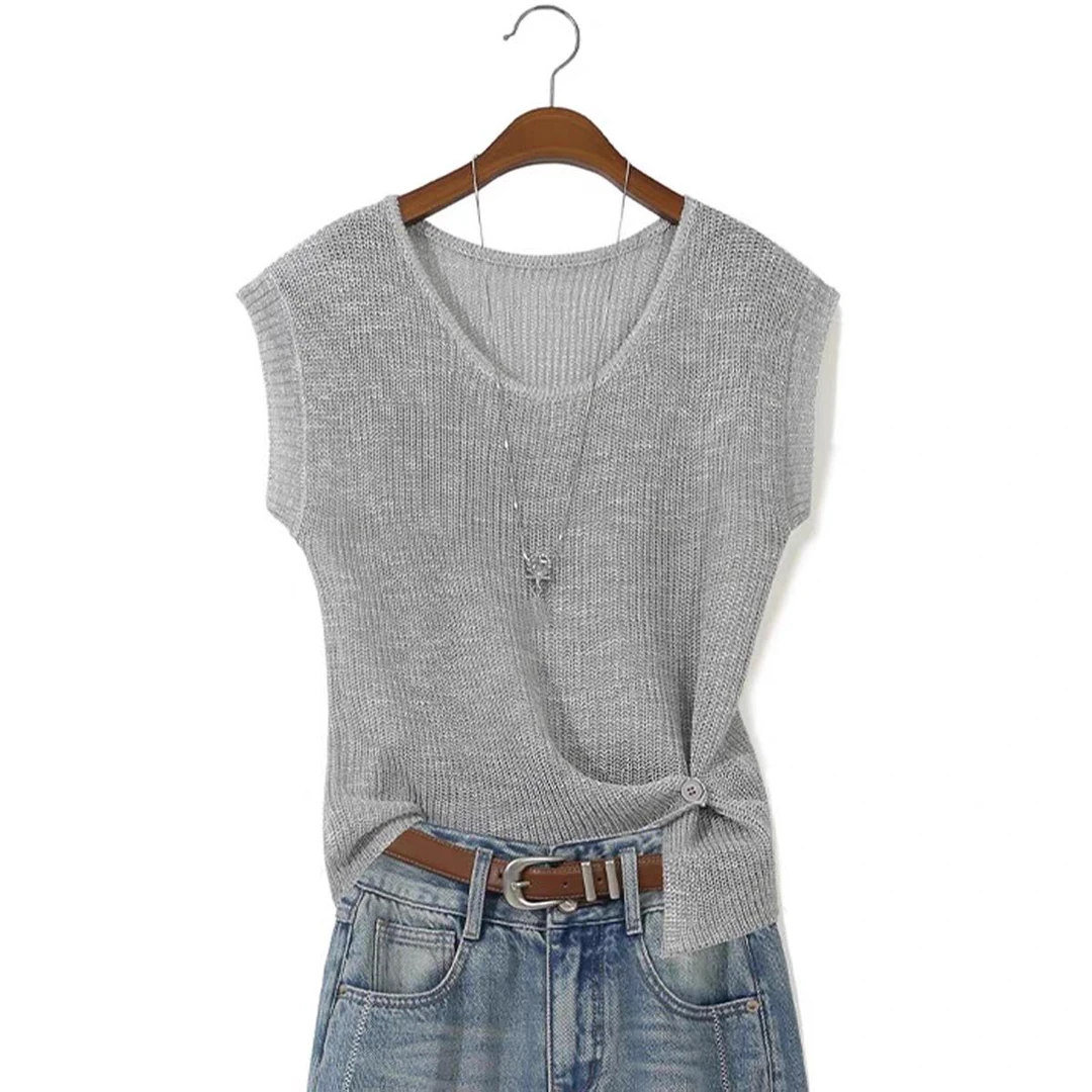 2025夏季圆领背心宽松百搭短款上衣镂空冰丝针织衫t恤无袖小衫