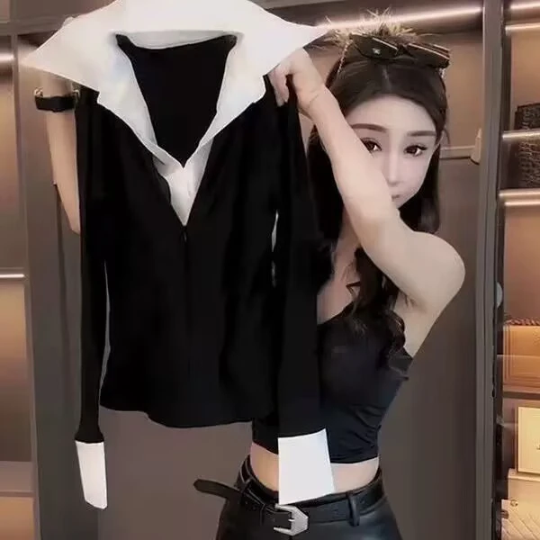 2025春季新款法式撞色衬衫领拼接修身显瘦V领假两件喇叭袖衬衫女