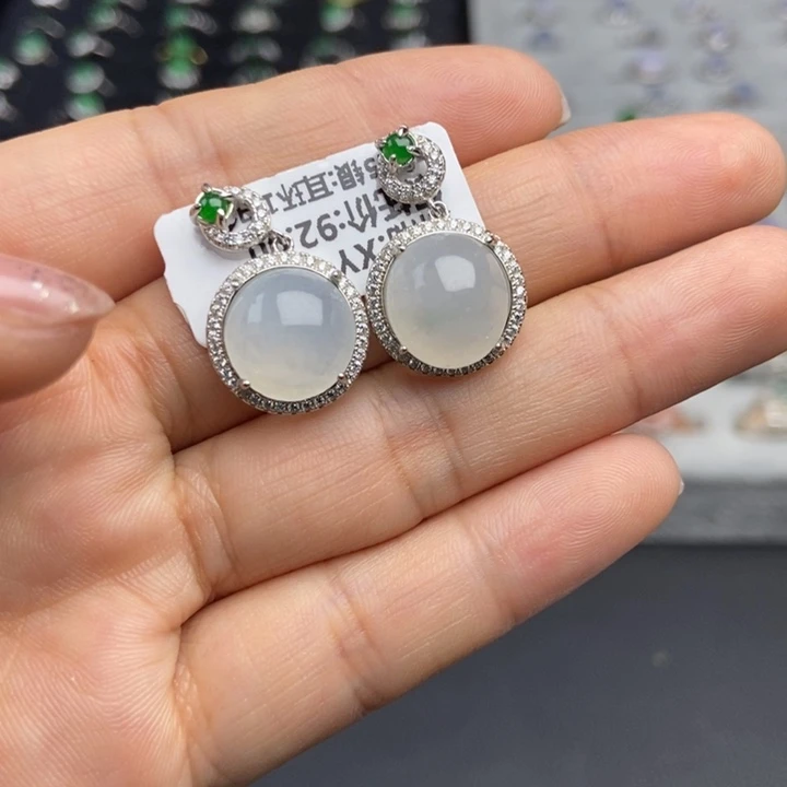 翡翠耳饰银S925镶嵌耳钉