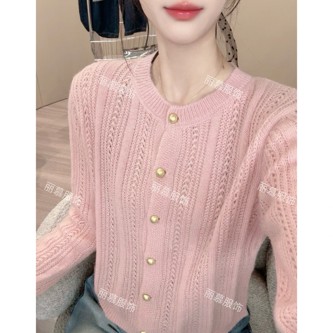 【镂空小金扣】小金扣镂空轻奢网红桃粉针织开衫1315