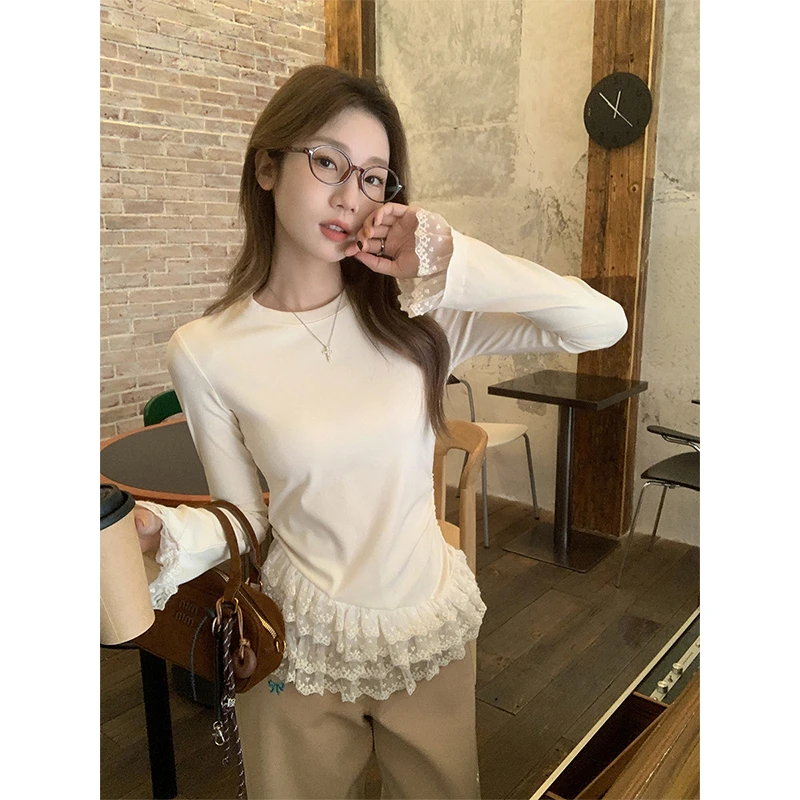 时尚小香风蕾丝花边法式木耳边圆领系带长袖T恤女修身打底上衣秋