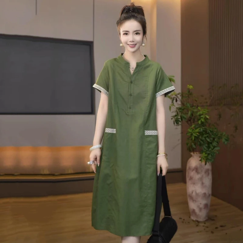 （运费险）夏季新款韩版2025宽松休闲短袖拼接花边连衣裙女显瘦气质