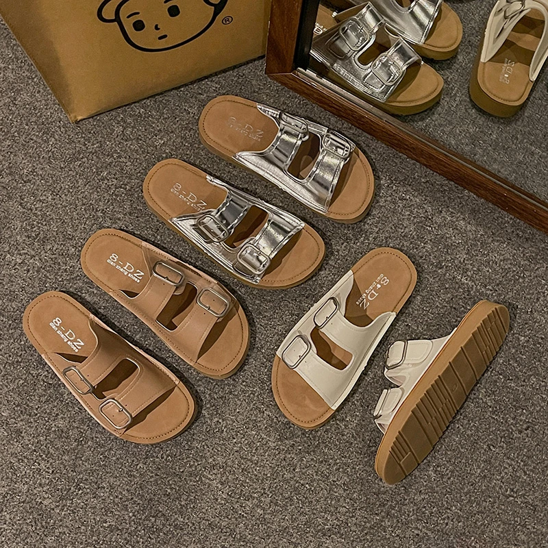 新款2025夏季网红平底复古皮带扣舒适百搭外穿防滑时尚凉拖鞋女