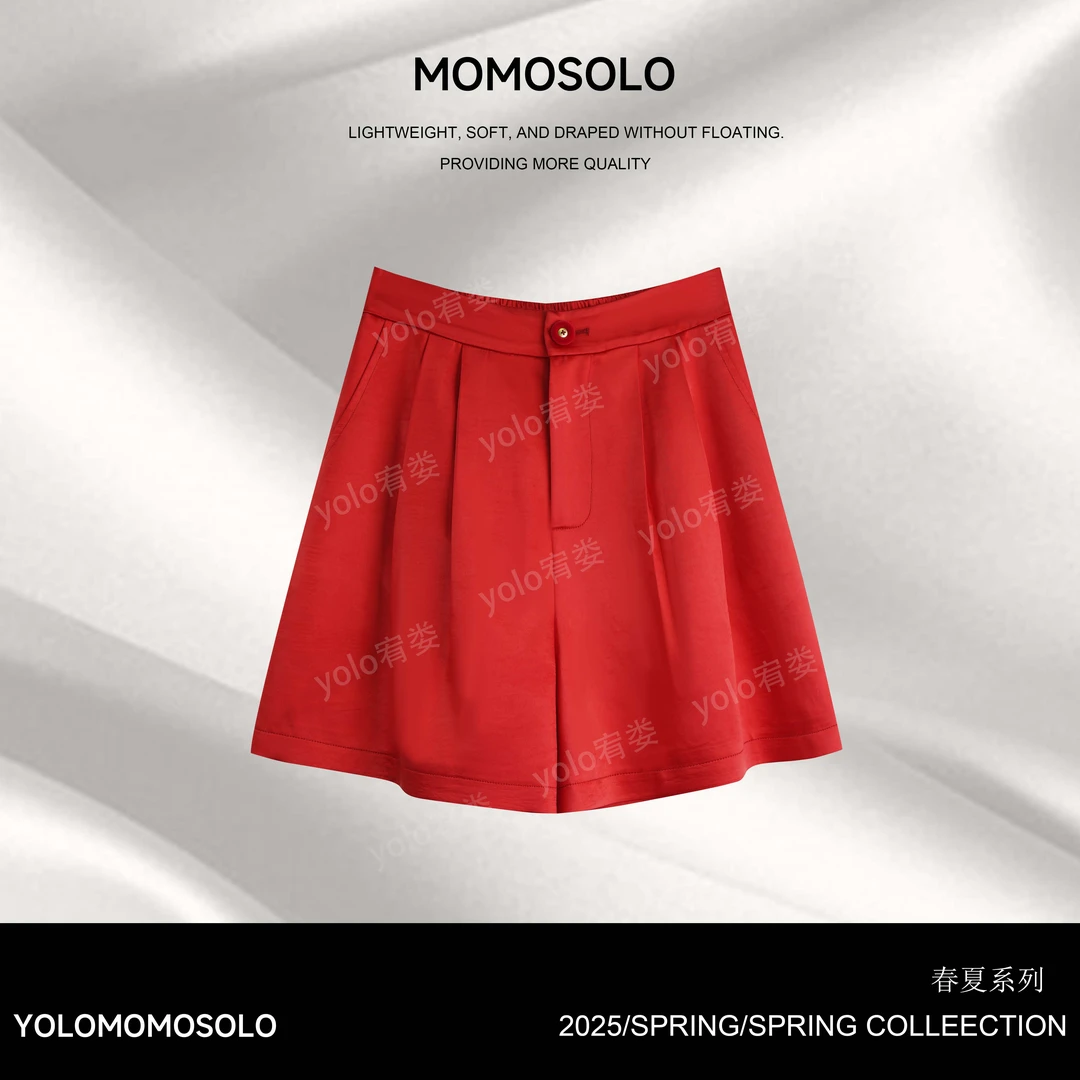 •红鸳•2025鎏光缎感褶皱弹力腰三分A摆短裤夏季休闲短裤YM2125