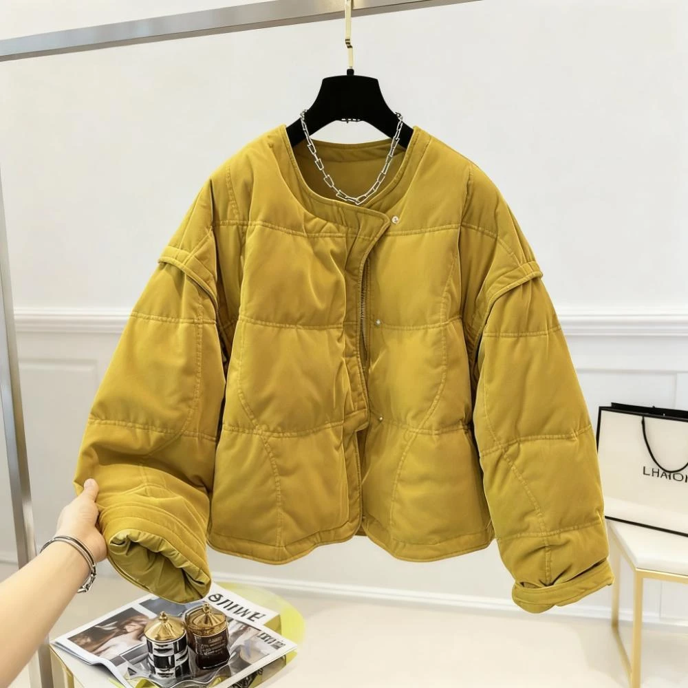 老钱风圆领丝绒棉服冬季新款保暖外套拼接时髦小众通勤面包服女装