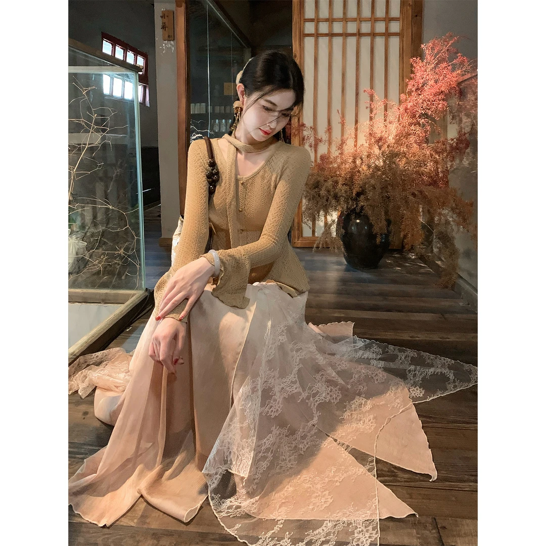 凌茜恣禾【叙梦】国风新中式侘寂风针织上衣不规则蕾丝拼接半身裙