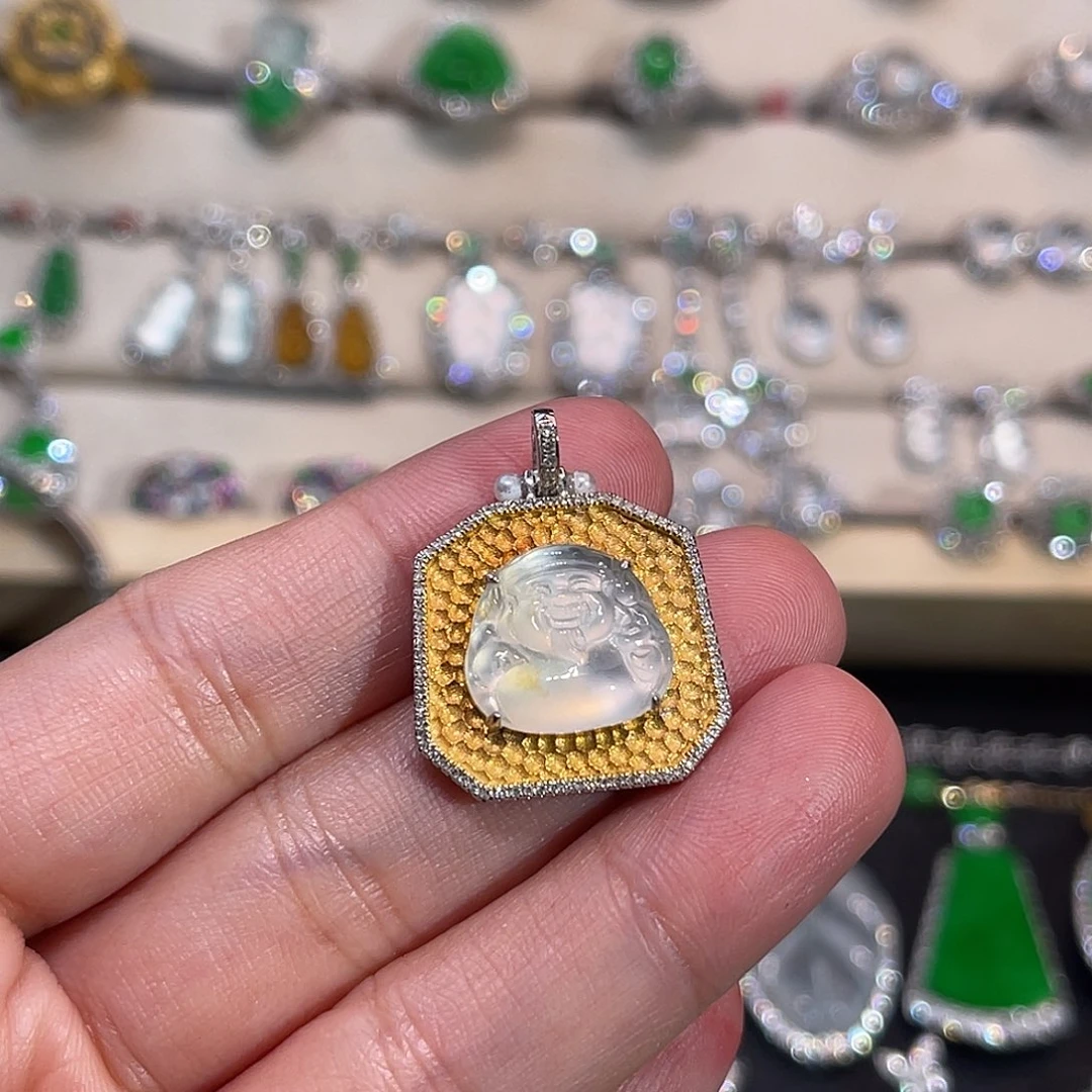 翡翠18K金镶嵌吊坠(不含链)财神爷