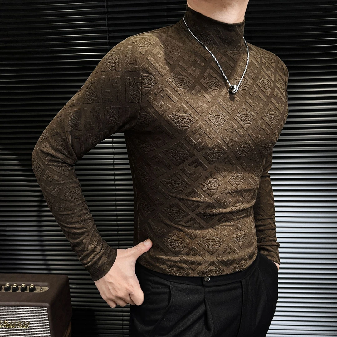 压花加绒半高领打底衫男款爆款2025新款洋气高贵上衣男士长袖t恤
