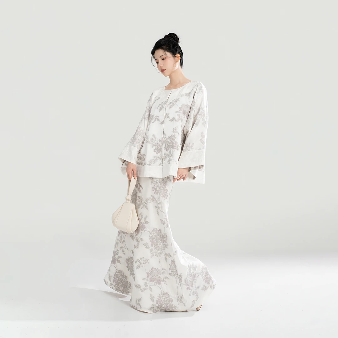 织造司[玉瓷菊]原创新中式国风圆领对襟外套鱼尾裙半身裙两件套装