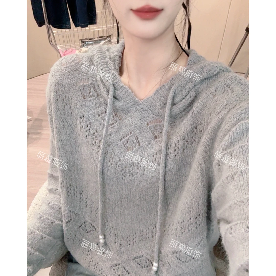 【镂空雕花连帽衫】纯版宽松慵懒风显瘦菱形镂空雕花针织连帽衫1360