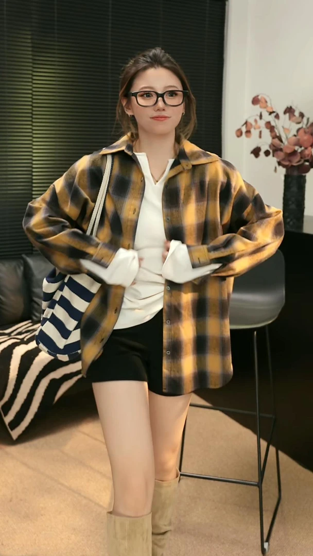 2%Moozza【 A12 】港风时髦格纹宽松长袖衬衫-A12#