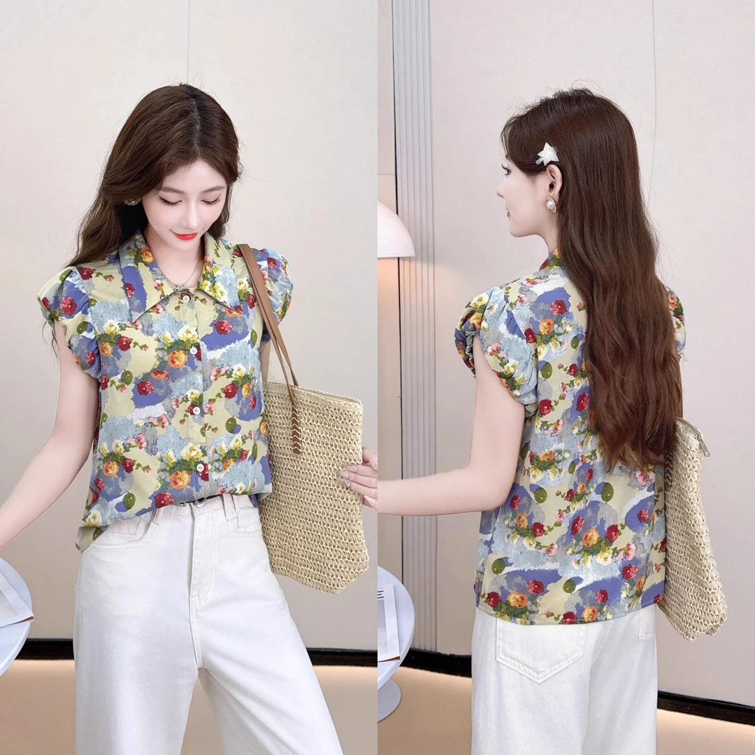 拉夏贝尔舒适衬衣设计感独特碎花衬衫女2025夏季显瘦气质时尚上衣