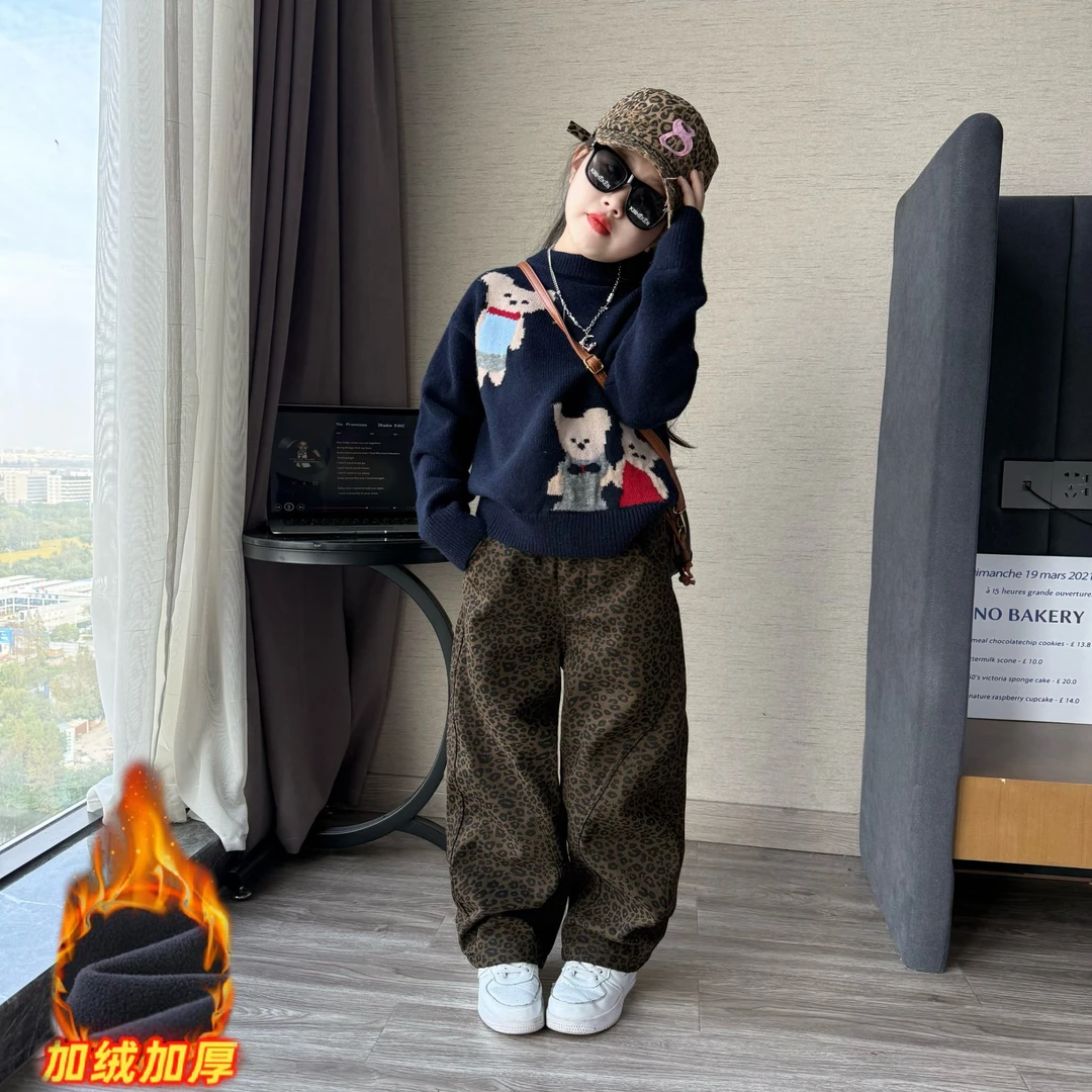 女童秋冬季潮酷加绒弯刀裤豹纹裤休闲直筒裤儿童百搭针织毛线衣潮