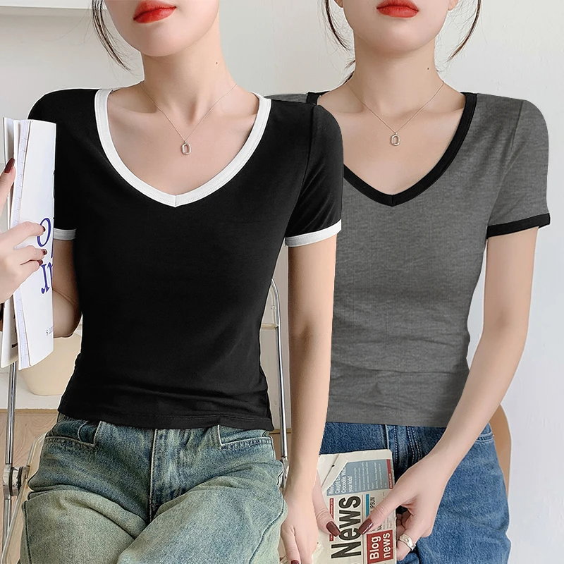 【现货速发】短袖t恤女V领拼色春夏季修身显瘦体恤百搭打底休闲上衣