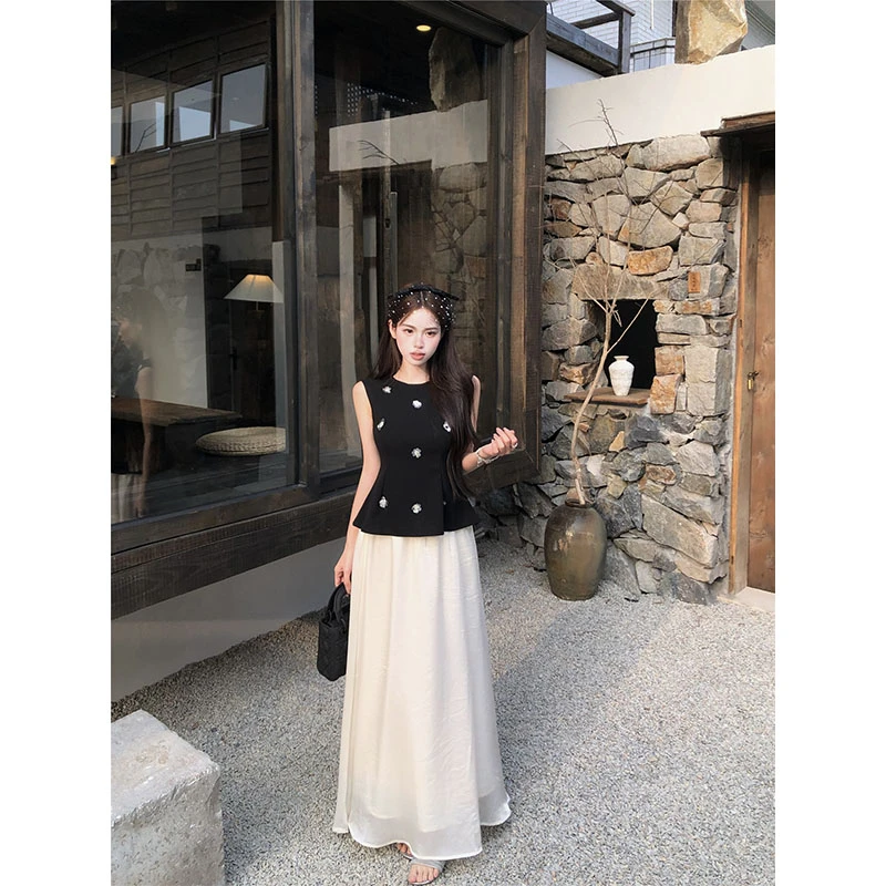 2025新款夏季时尚气质无袖黑色手工珠花背心女修身百搭收腰半身裙