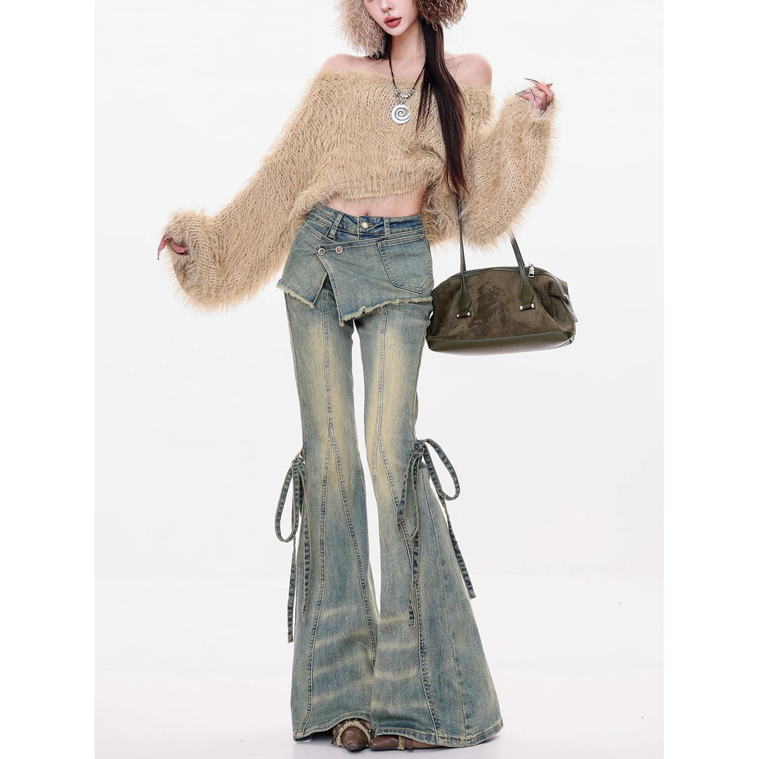 ABWLR 叠穿派对-原创复古做旧水洗牛仔裤女高腰马蹄加绒微喇裤