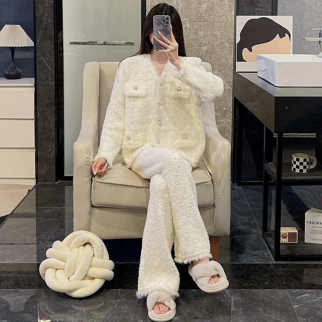 软绵绵小香风睡衣女冬季新款加绒加厚半边绒开衫保暖珊瑚绒家居服