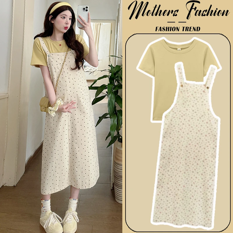 孕妇连衣裙套装夏季2025新款杏色韩系碎花甜美减龄背带裙两件套女