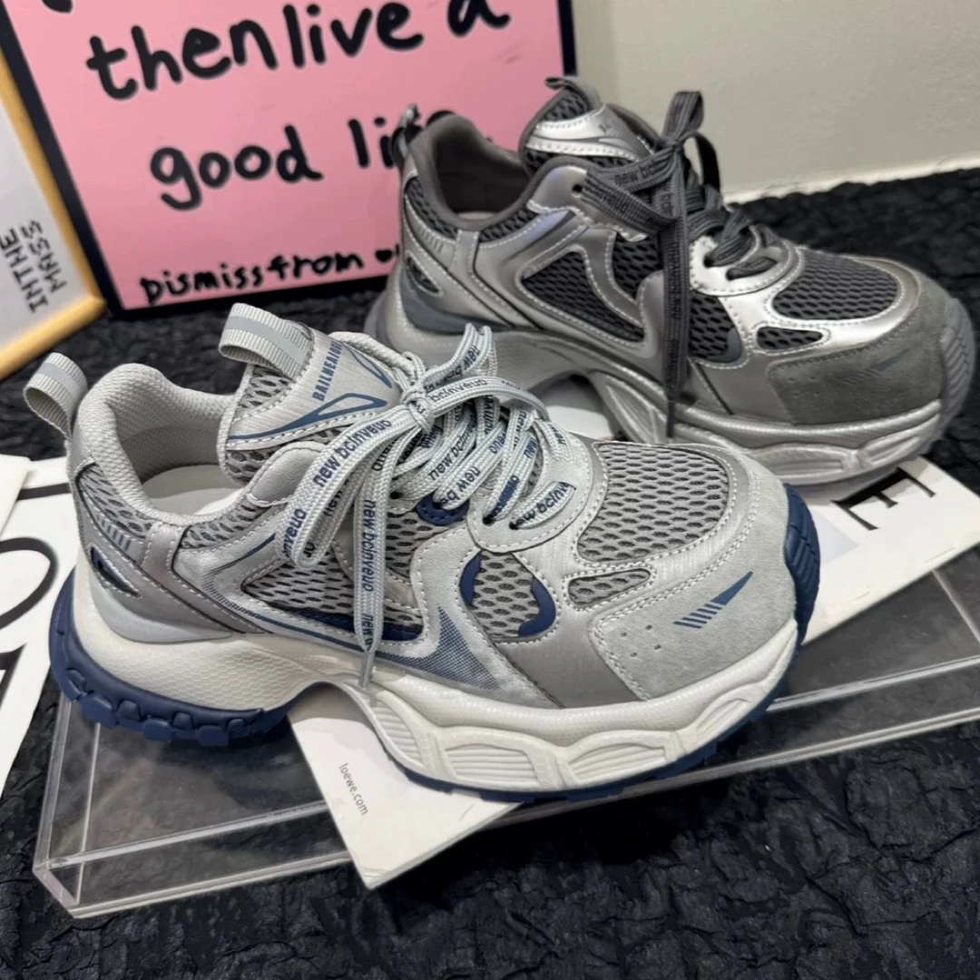 新款 厚底系带老爹鞋女2025秋季超火真皮百搭轻便运动休闲鞋