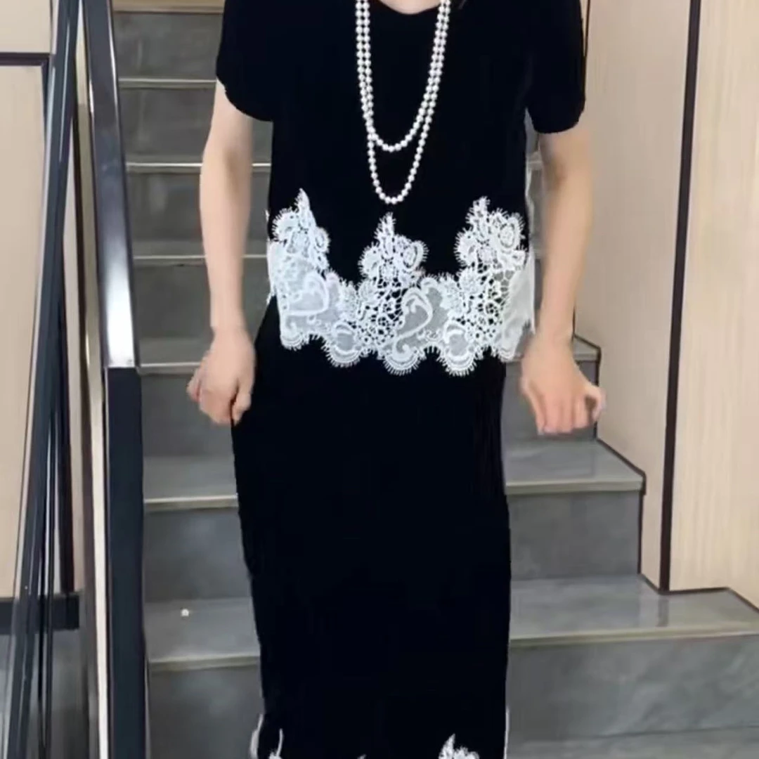 2025夏季新款时尚高级感气质显瘦蕾丝拼接丝绒上衣半身裙两件套女