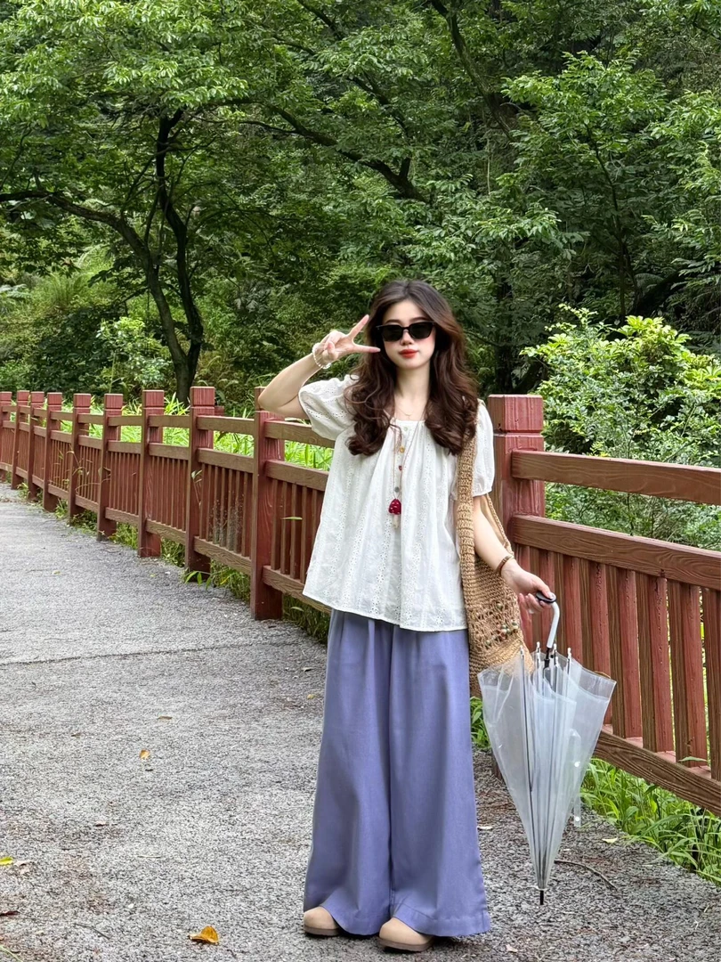 2025夏季新款法式甜美刺绣短袖衬衫上衣女高腰阔腿裤显瘦两件套潮
