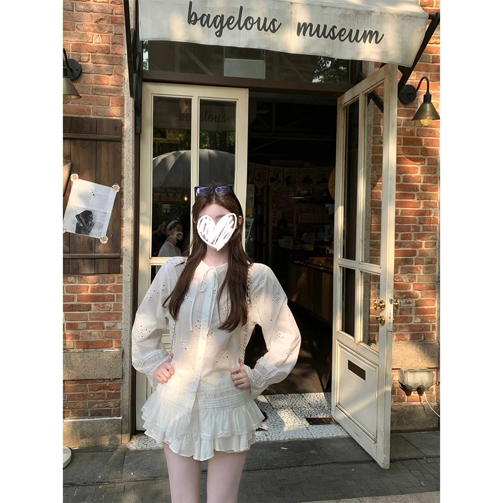 【薄荷海盐】 长袖系带衬衫上衣+月光芭蕾A字半身裙22078#