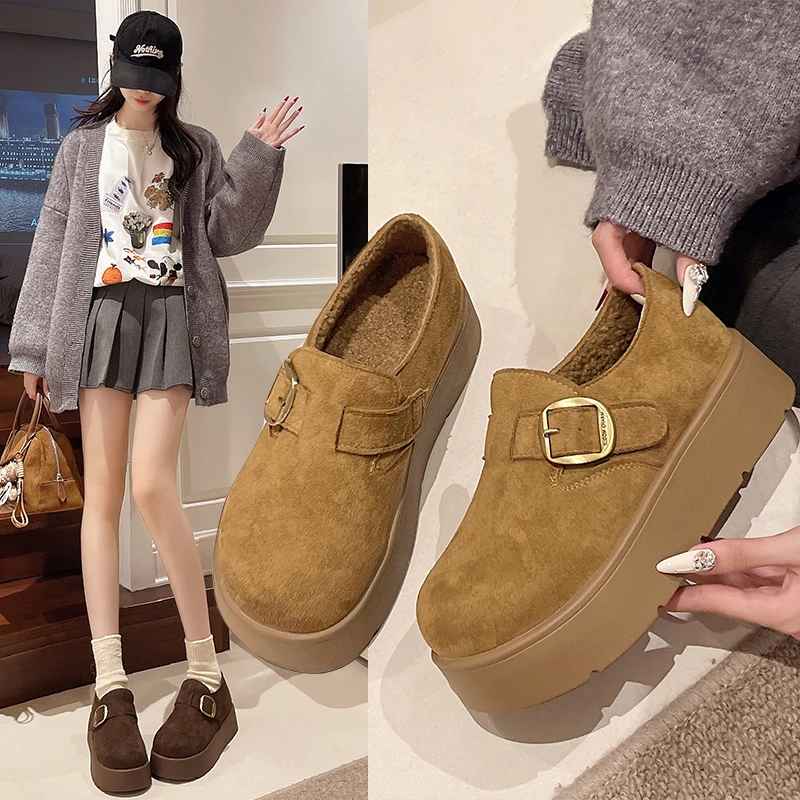 厚底勃肯鞋女款单鞋增高5CM百搭加绒保暖棉鞋圆头防臭休闲女鞋