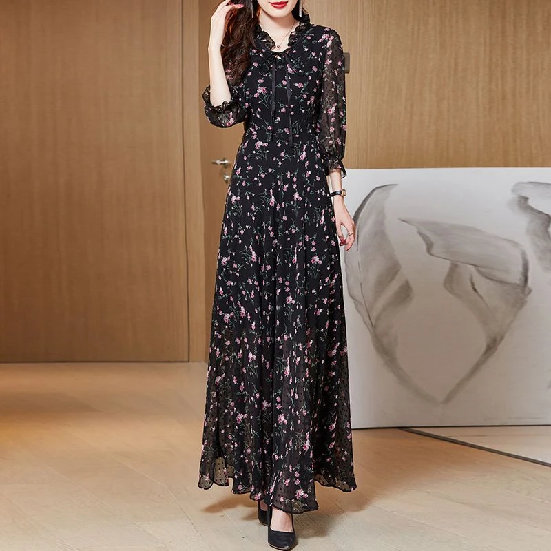 【清仓】2024夏季新款洋气黑色碎花连衣裙女长款显瘦显高气质落