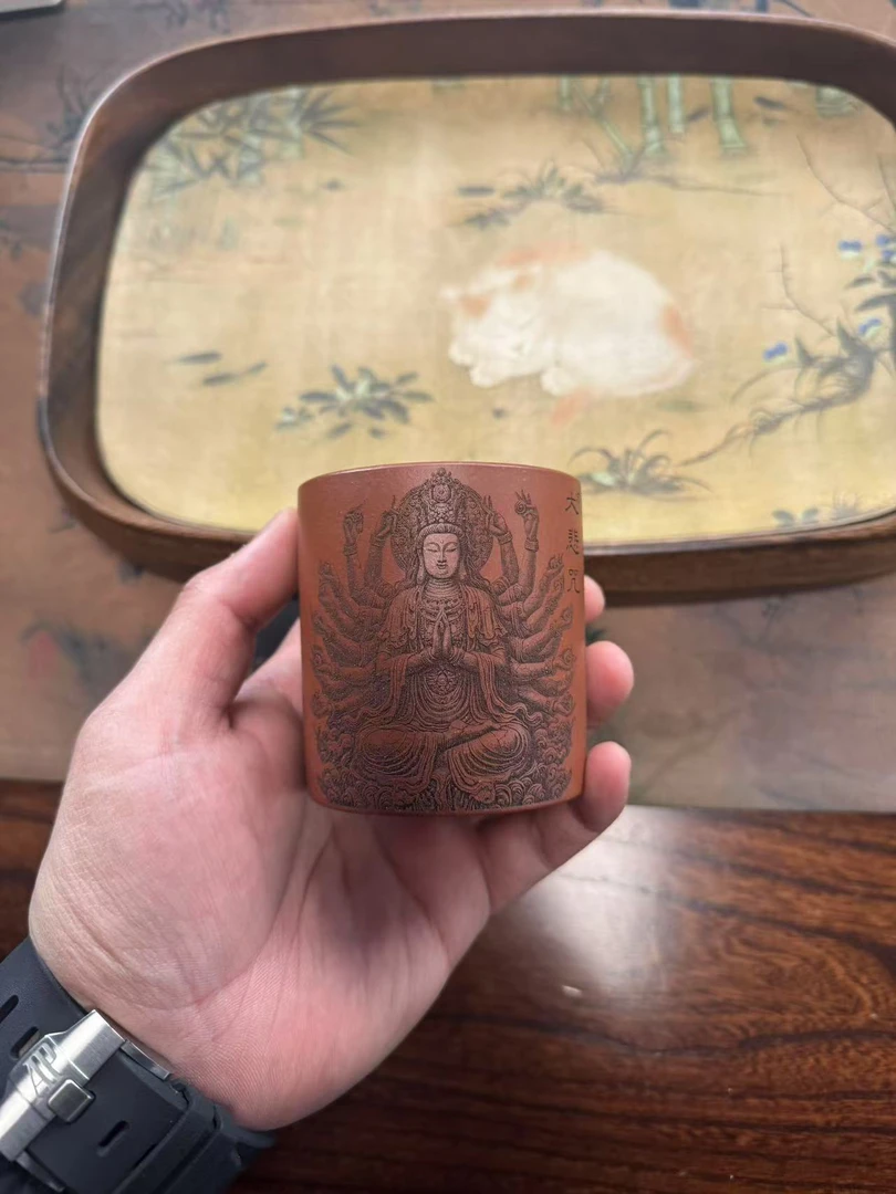 紫砂 降坡 刻绘 大悲咒 主人杯