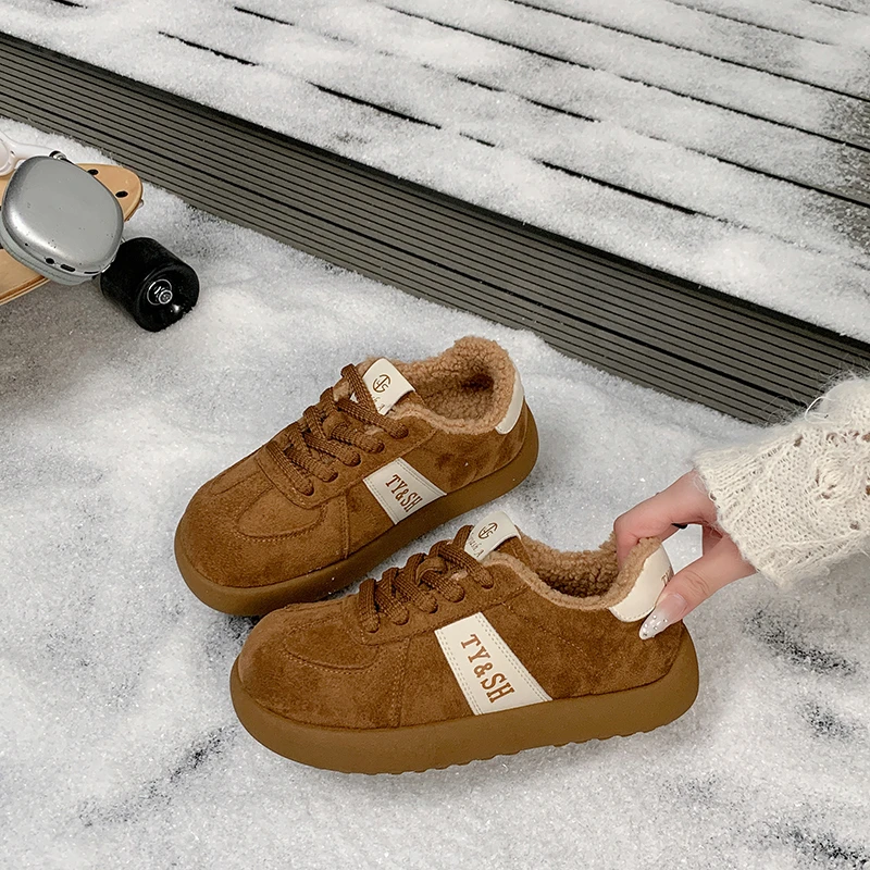 2025休闲女鞋冬季加绒保暖时尚女鞋毛毛软底防滑复古小众徳训鞋