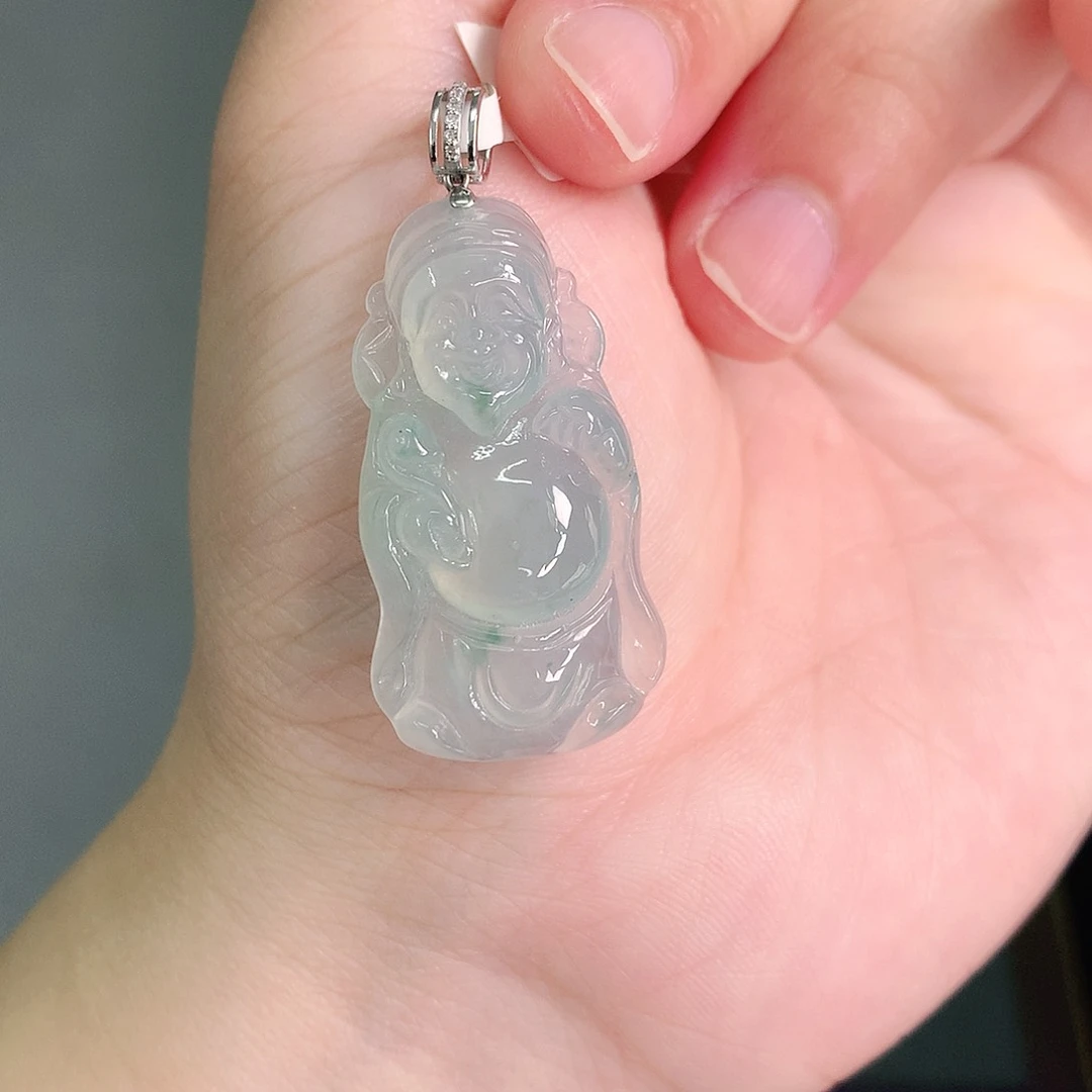 颈饰18K金镶嵌翡翠冰晴飘绿财神爷35-18-6