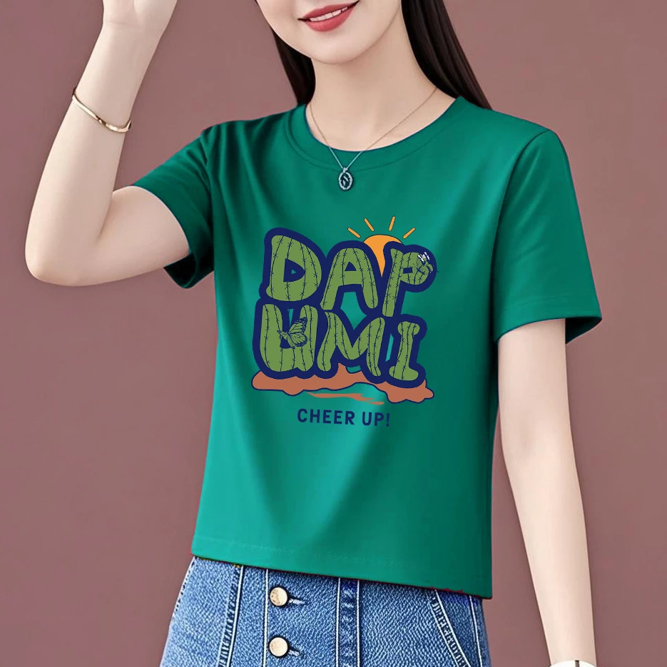 新款纯棉短款T恤显瘦洋气百搭设计感印花圆领印花减龄女士上衣女