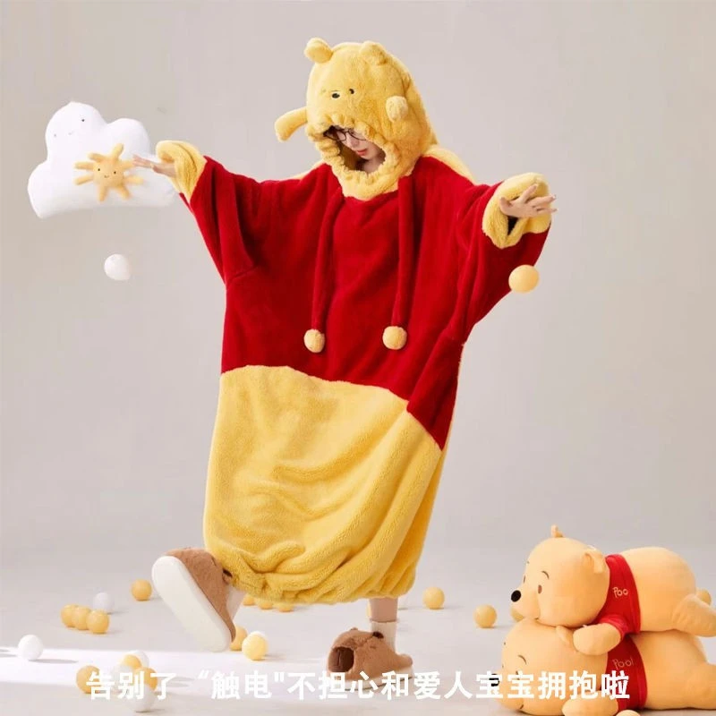 吉吉家居服加厚珊瑚绒卡通小熊维尼情侣男女可爱保暖宽松睡袍睡衣