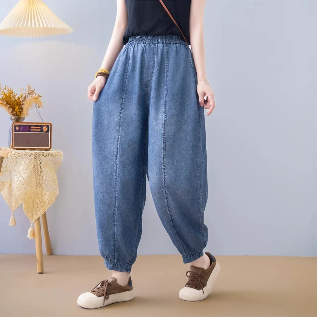 722#夏季牛仔裤女薄款8分裤裤新款宽松大码松紧腰显瘦灯笼裤