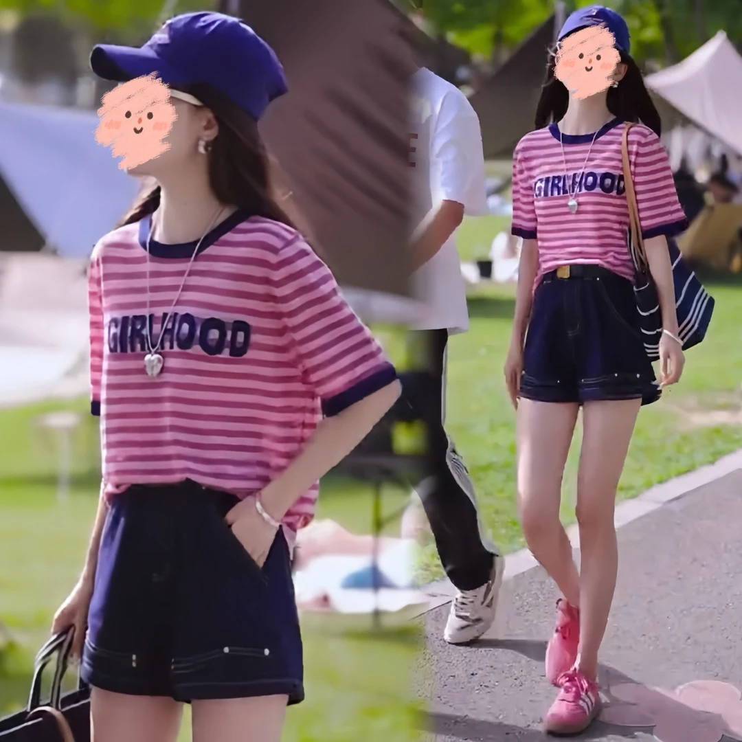 夏季时尚穿搭2025新款韩系百搭条纹短袖上衣显瘦牛仔短裤小清1640