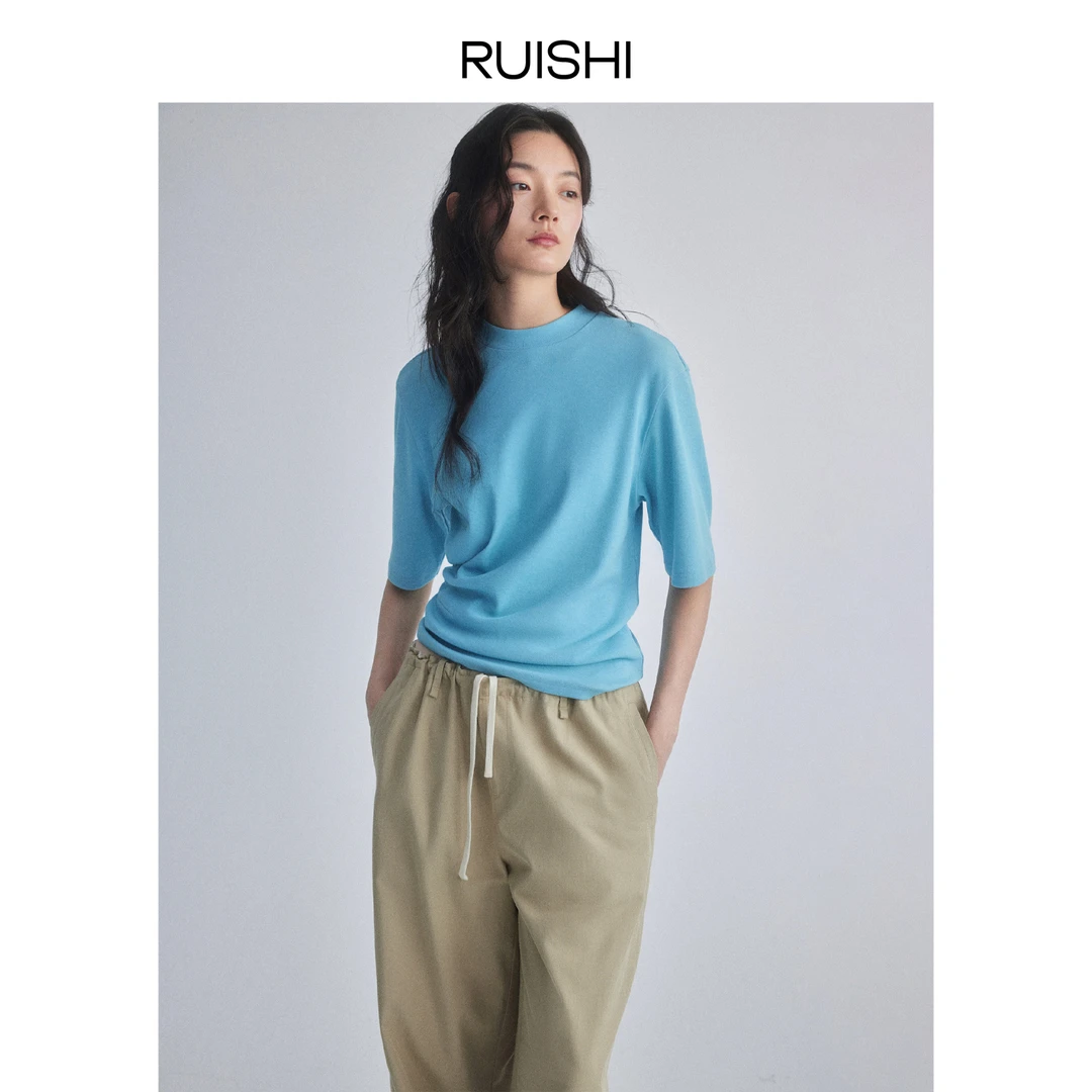 RUISHI芮时挺括花纱中袖圆领松弛收腰上衣宽松T恤女夏 R25A177501