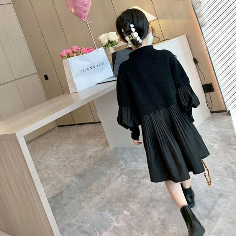 童装中大女童连衣裙春秋装赫本风黑色设计感拼接毛线裙儿童百褶裙