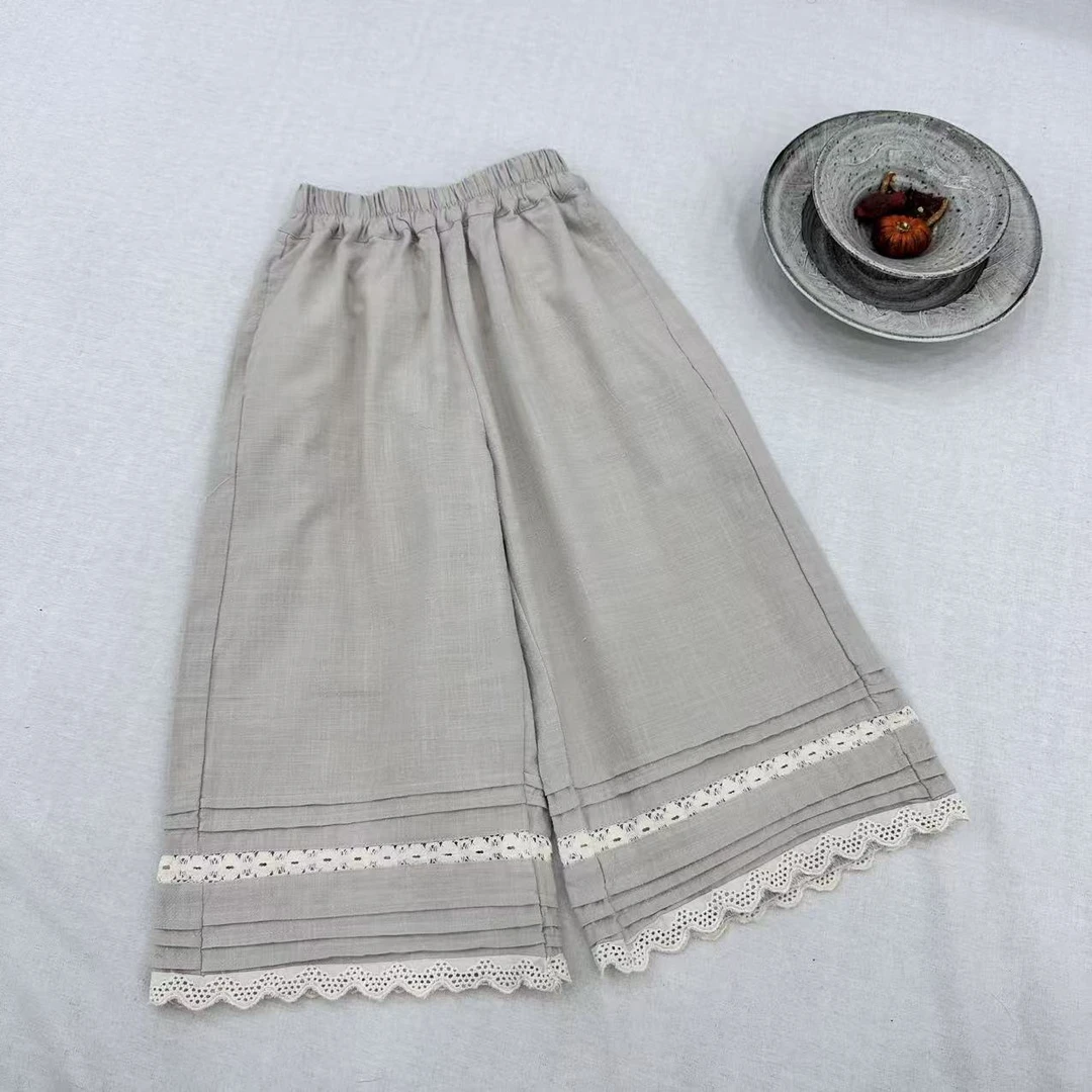 〖姐姐家〗2025夏款儿童萌娃女宝穿搭阔腿蕾丝边九分休闲裤bt210