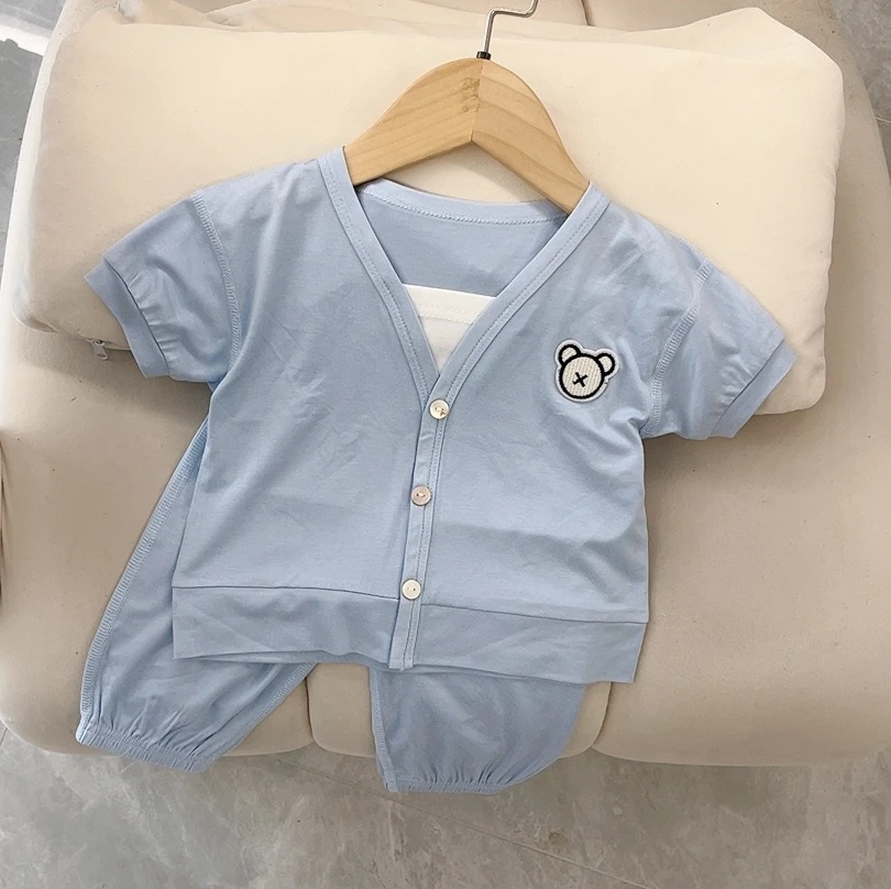 夏季清凉套装无骨工艺儿童兰精莫代尔小熊短袖长裤套装