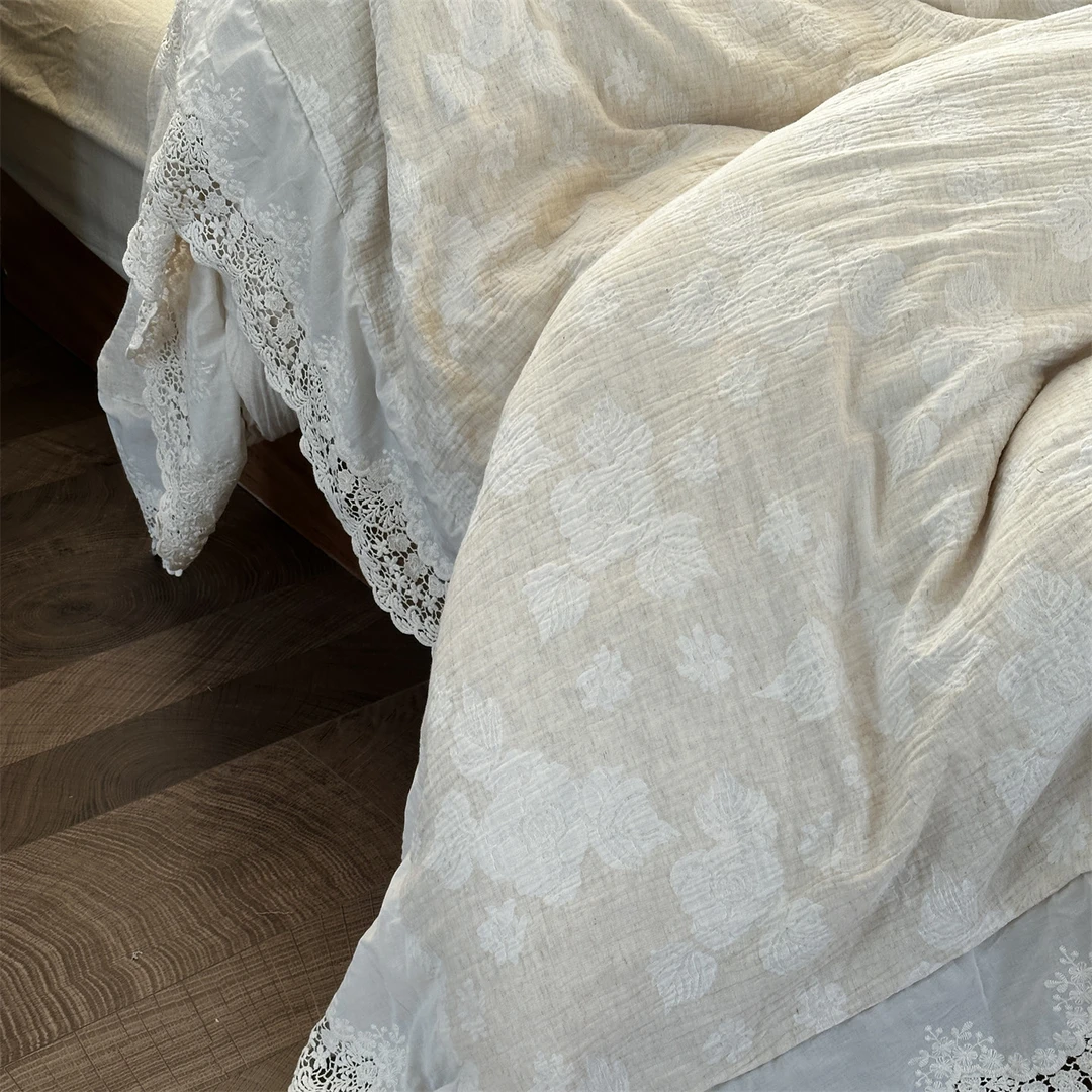 【超级红】花海甜梦 原创告别款 大花边镂空麻本色棉麻四件套