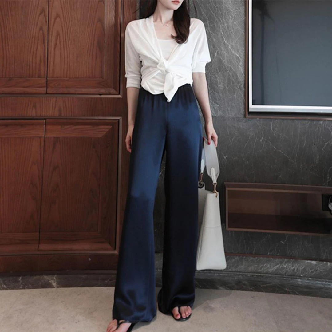 醋酸缎面阔腿裤女2025夏薄款高腰垂感裤子女直筒宽松休闲拖地长裤
