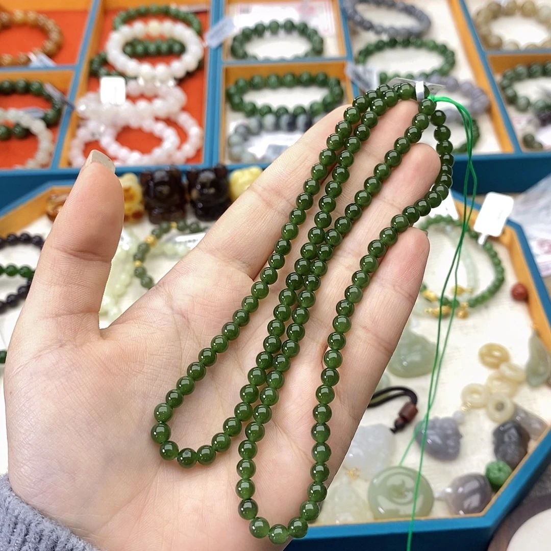 和田玉未镶嵌手链w36冰底菠菜绿猫眼5mm
