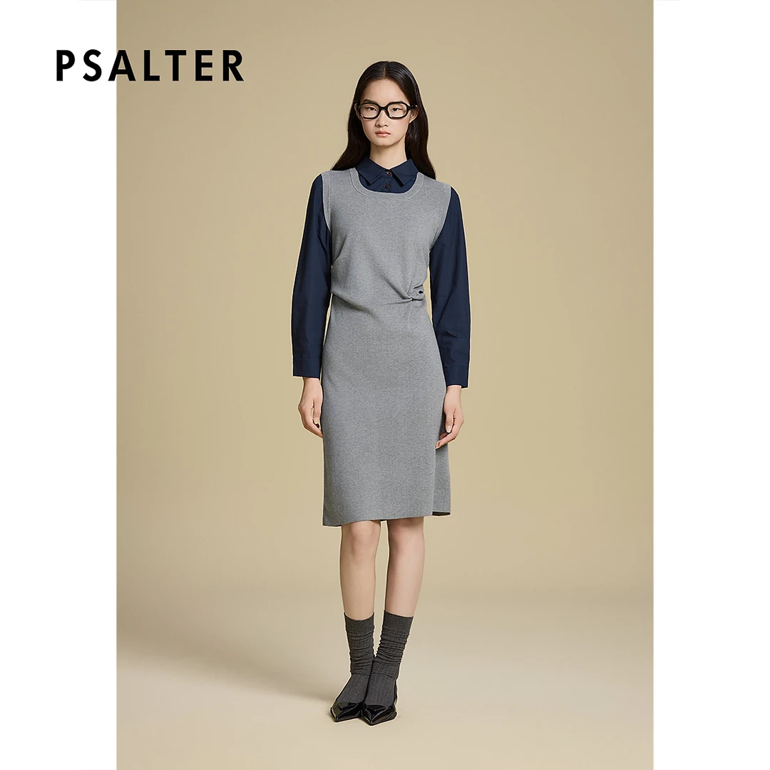 诗篇专选高智学院衬衫袖假两件修身连衣裙2025冬季新款