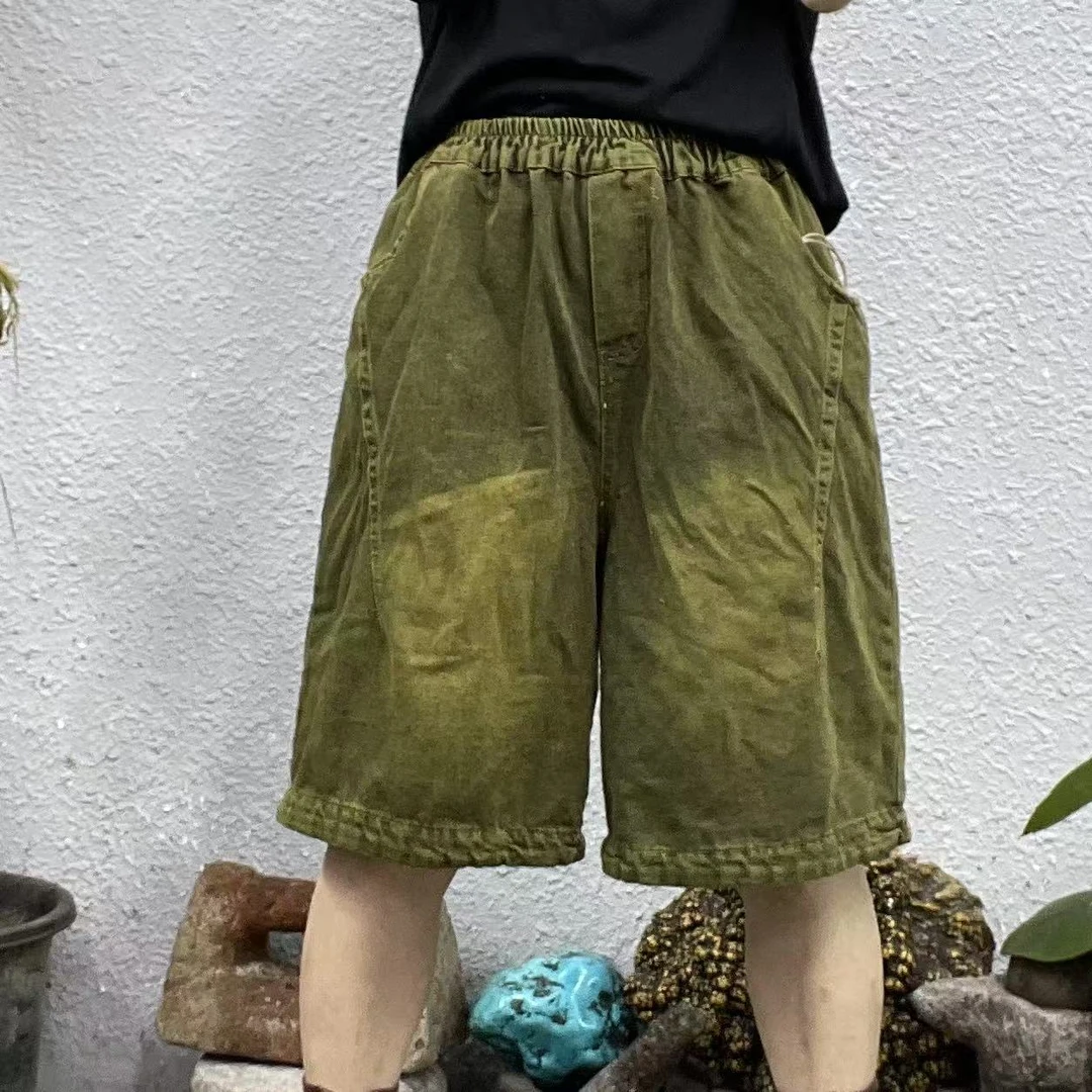 88862绿色两侧口袋绣竖线内抽绳炒色中裤牛仔裤长56臀围118脚口68